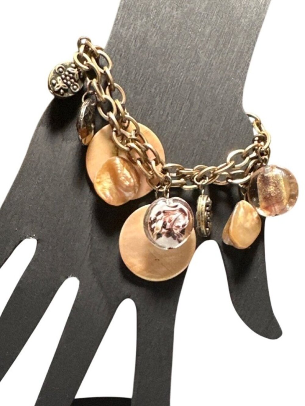 Charm Bracelet Gold Tone Glass Beads Mother of Pearl Discs Seashell Adjustable